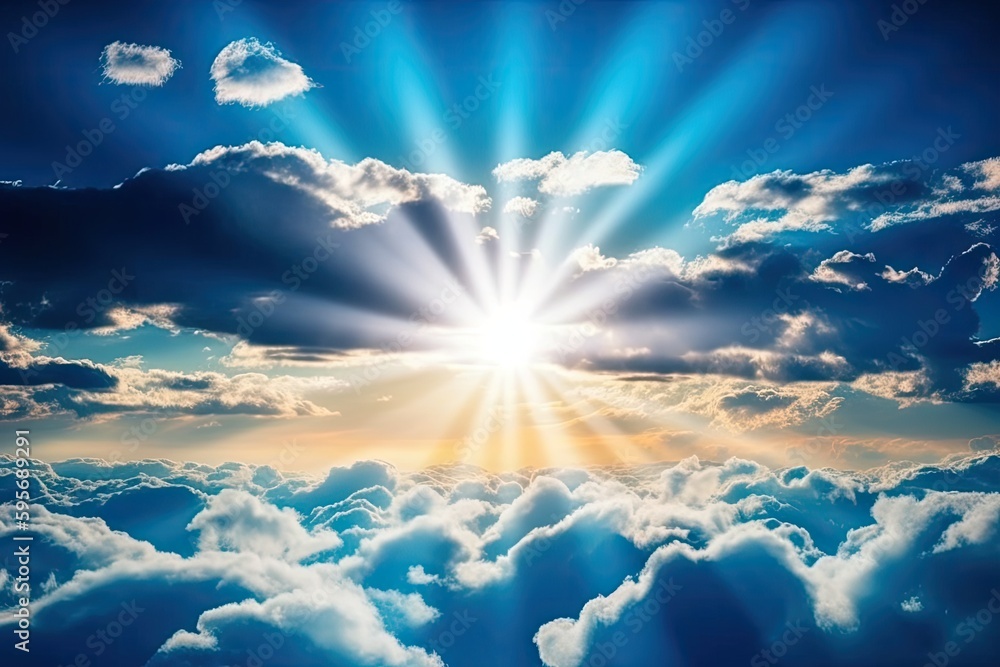 Illustration of sun rays piercing through fluffy white clouds in the blue sky. Generative AI