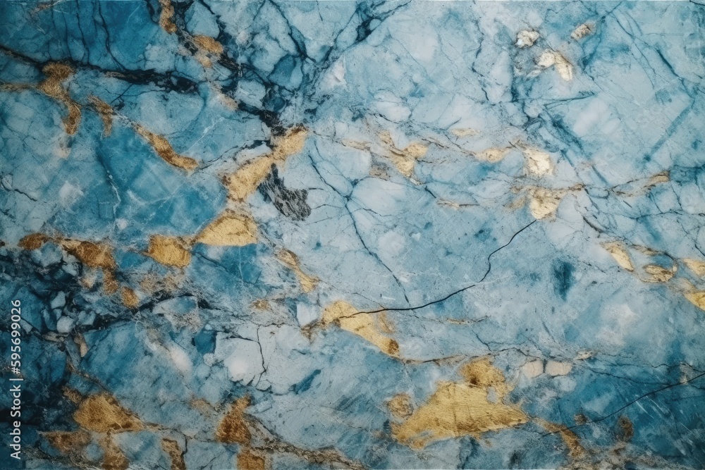 Close-Up View of a Blue and Gold Marble Pattern. Generative AI