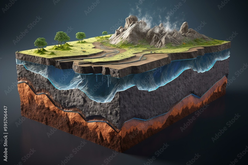 3D illustration of scientific ground cross-section to depict subduction and plate tectonics. Generat