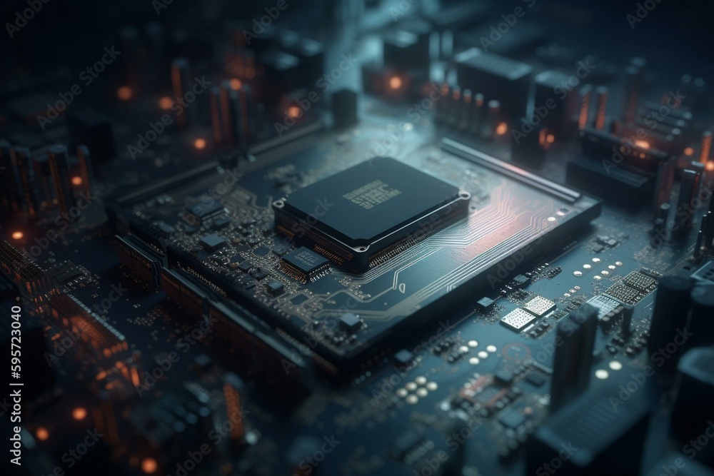 Abstract CPU circuit with data signals for artificial intelligence and computer technology. 3D illus