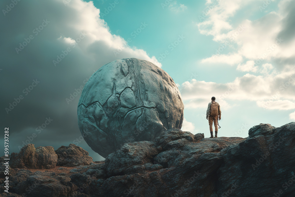 A man stands on the cliff and watches the background of the desert and universe planets surrounded b