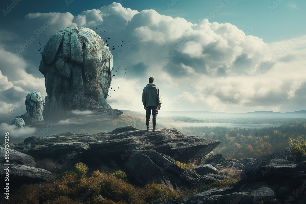 A man stands on the cliff and watches the background of the desert and universe planets surrounded b