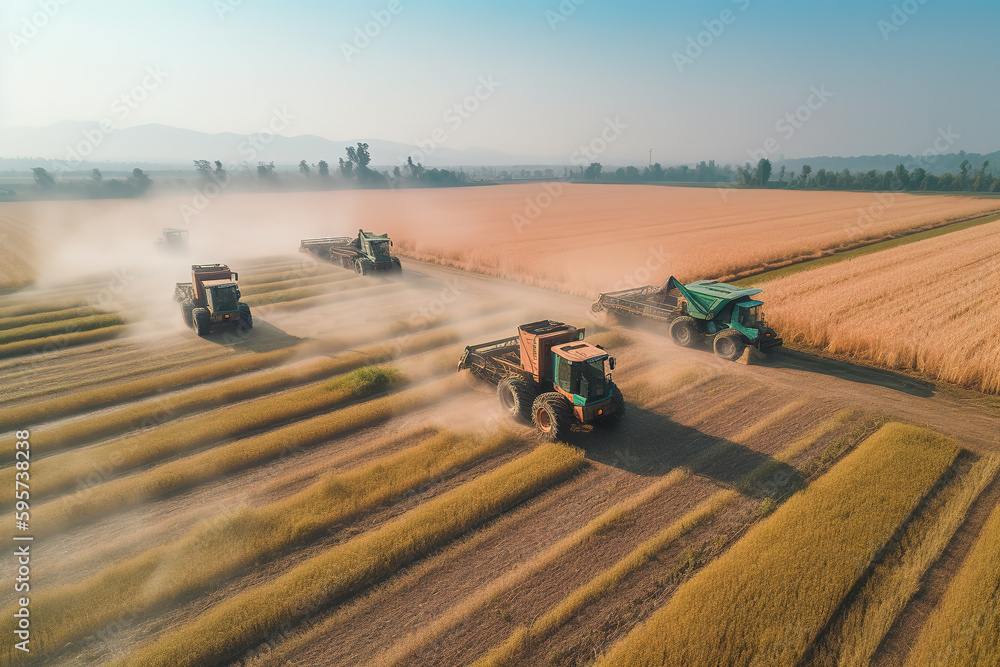 Harvester machine to harvest wheat field working. Combine harvester agriculture machine harvesting g