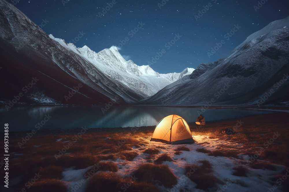 AI Night Snowy Mountain Tent Camp