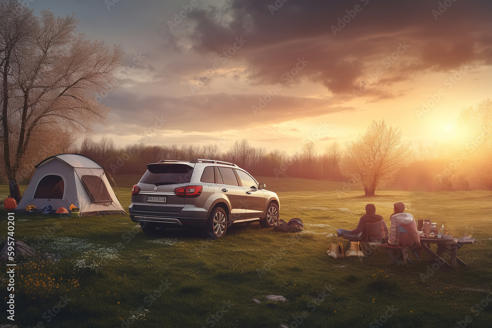 Adventure, tents and cars in the park forest. Outdoor landscape in the morning