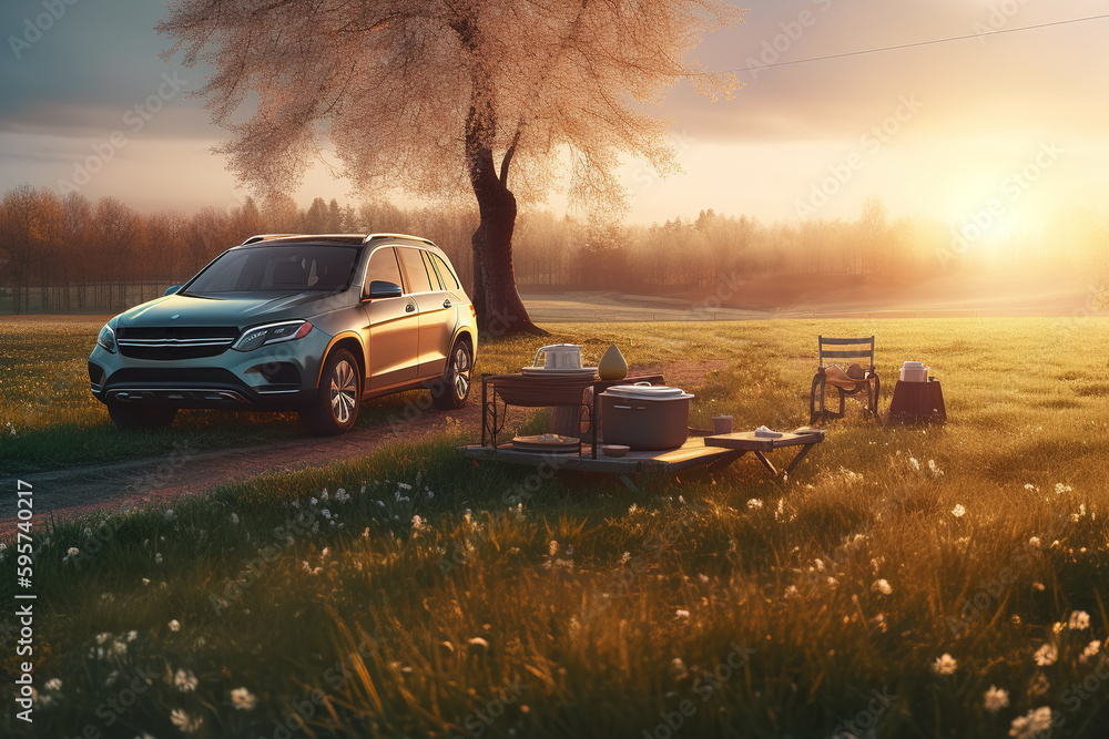 Adventure, tents and cars in the park forest. Outdoor landscape in the morning