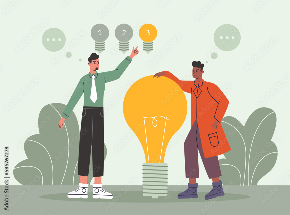 Lightbulb people. Choosing action option. Best idea. Cartoon guys thinking about successful problem 