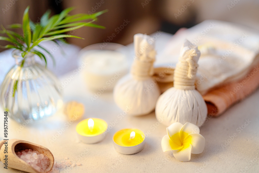 Natural organic spa products in massage parlor. Atmosphere of relax, detention, zen. Aromatherapy. B