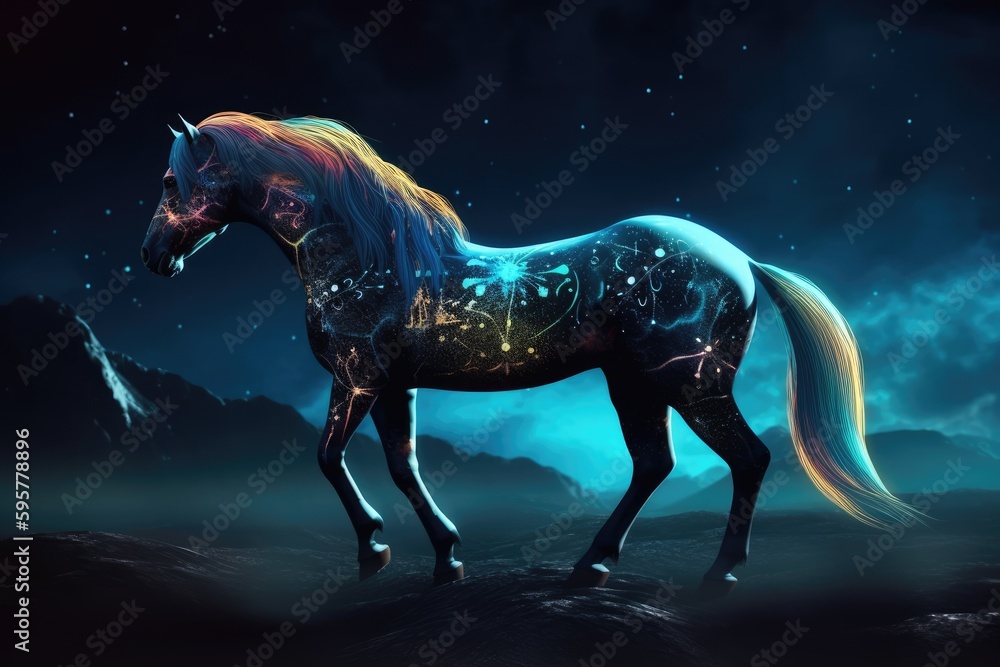 Wild horse in a fantastic and dreamlike setting. Generative AI