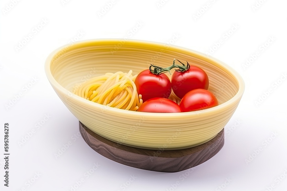 delicious bowl of spaghetti with fresh tomatoes on a clean white background. Generative AI