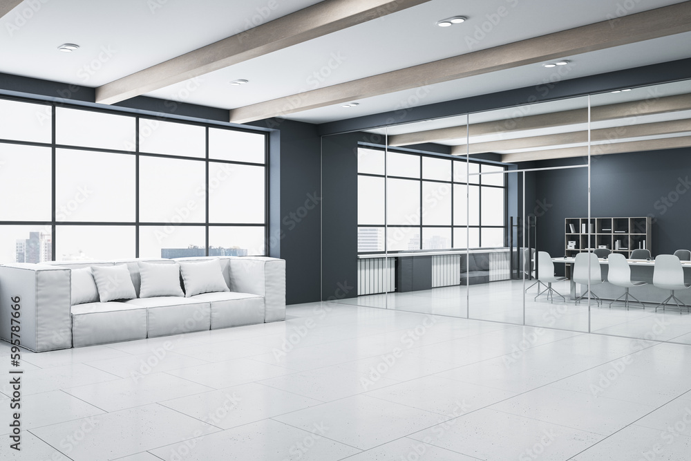 Modern glass meeting room interior with furniture, concrete flooring, equipment and panoramic window