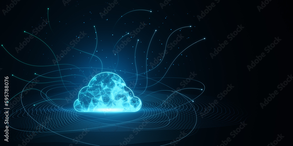 Digital polygonal cloud with lines on blue backdrop. Cloud storage and computing concept. 3D Renderi