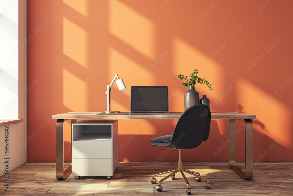 Modern office interior with furniture, equipment and bright wall with daylight. 3D Rendering.