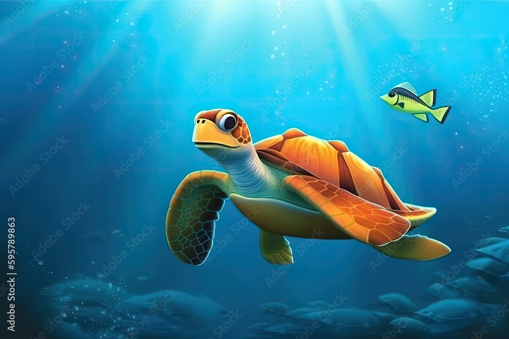 vibrant underwater scene with a sea turtle and a colorful fish swimming together. Generative AI