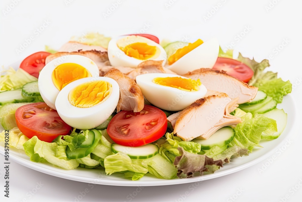 fresh and colorful salad with boiled eggs, tomatoes, lettuce, and cucumbers on a plate. Generative A