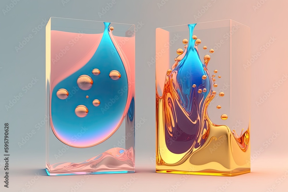 two clear glass vases filled with colorful liquids and placed on a table. Generative AI