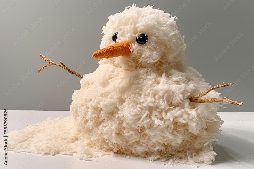 cute white plush toy animal resting on a wooden table. Generative AI