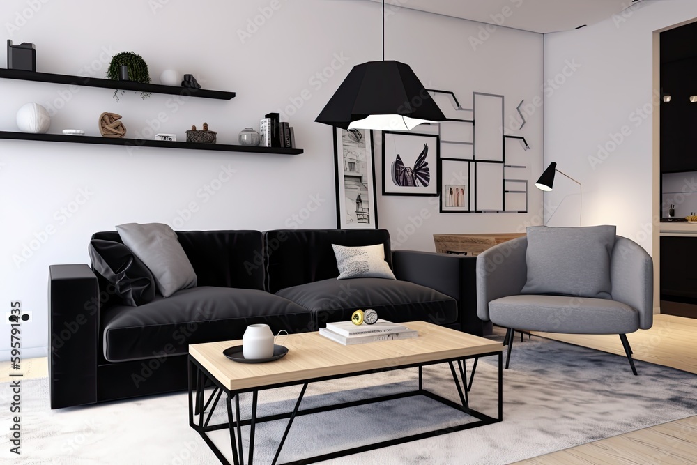 cozy living room with modern furniture and a coffee table. Generative AI