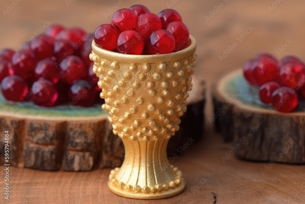 golden vase filled with red fruits on a rustic wooden table. Generative AI