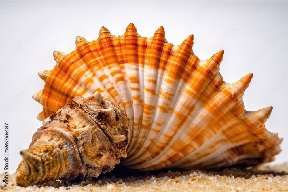 Close-Up View of a Seashell on a Sandy Beach. Generative AI