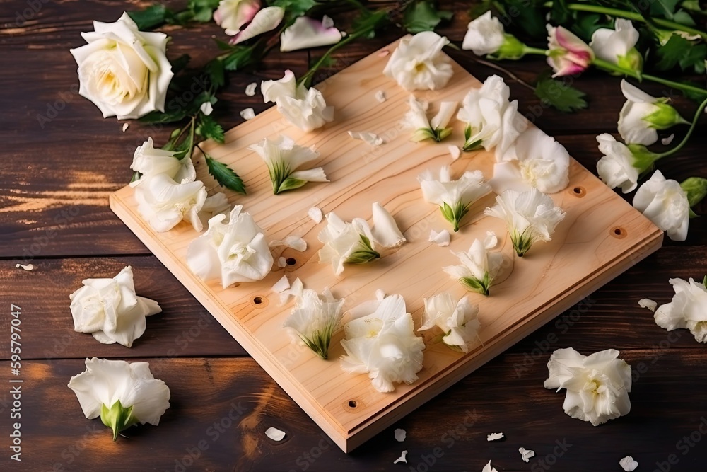 rustic wooden table with a bouquet of white flowers on a cutting board. Generative AI