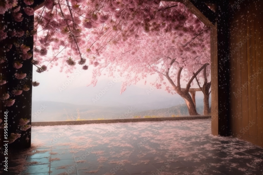 cozy room with a picturesque view of a blooming pink tree outside the window. Generative AI