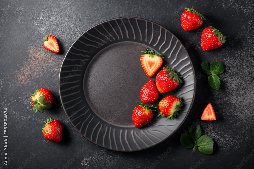 plate with fresh strawberries on a wooden table. Generative AI