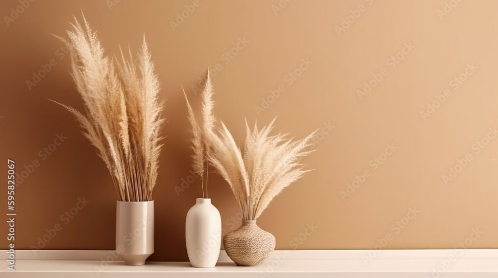 Vase with decorative dry plant branch against beige wall background. Minimalist interior mockup. Gen