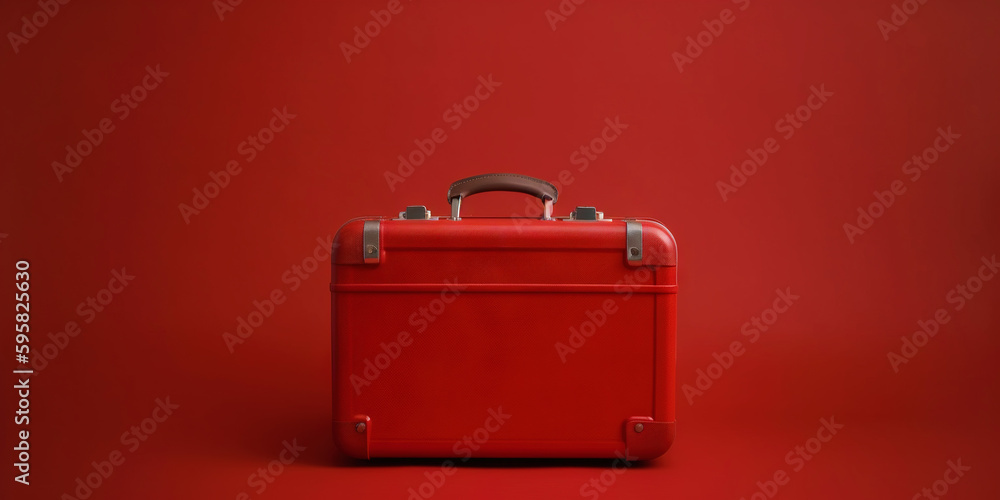 Red travel suitcase, on red background. Trip concept. Generative AI