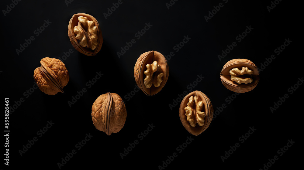 Walnuts with and without shells filling the view on dark background. Top view of fresh walnuts. Gene