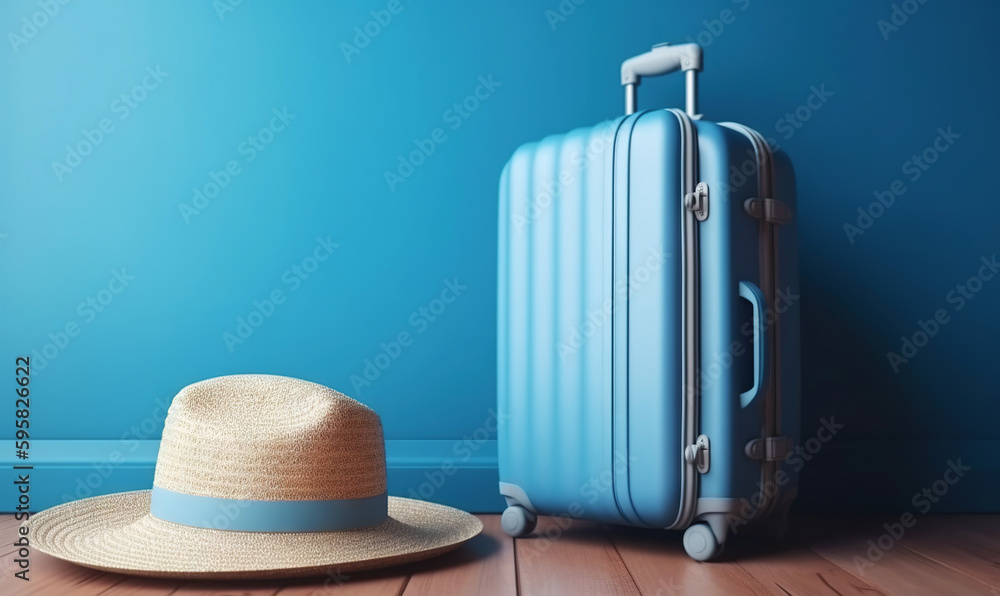 Blue travel suitcase with wheels, straw hat, on uniform blue background. Trip concept. Generative AI