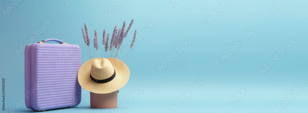 Lavender travel suitcase with hat and lavender flowers, on uniform background. Trip concept. Generat