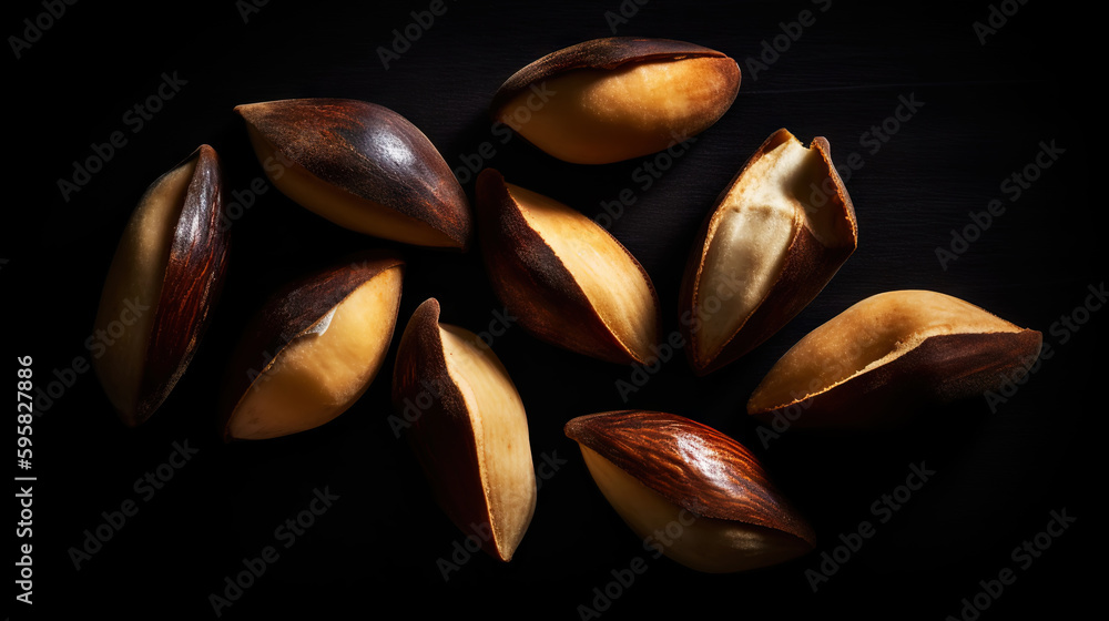 Many delicious Brazil nuts as background, top view. Generative AI