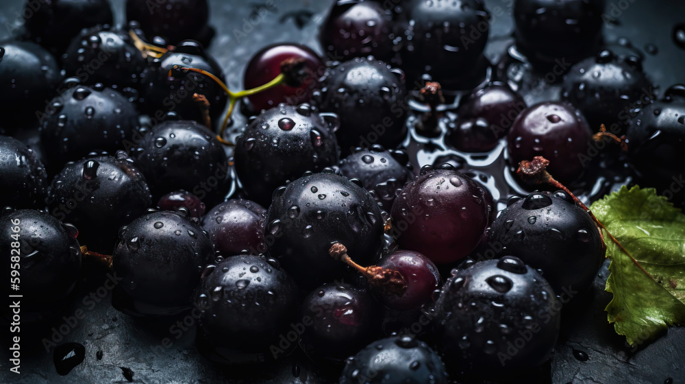 Fresh ripe blackcurrant with water drops background. Berries backdrop. Generative AI