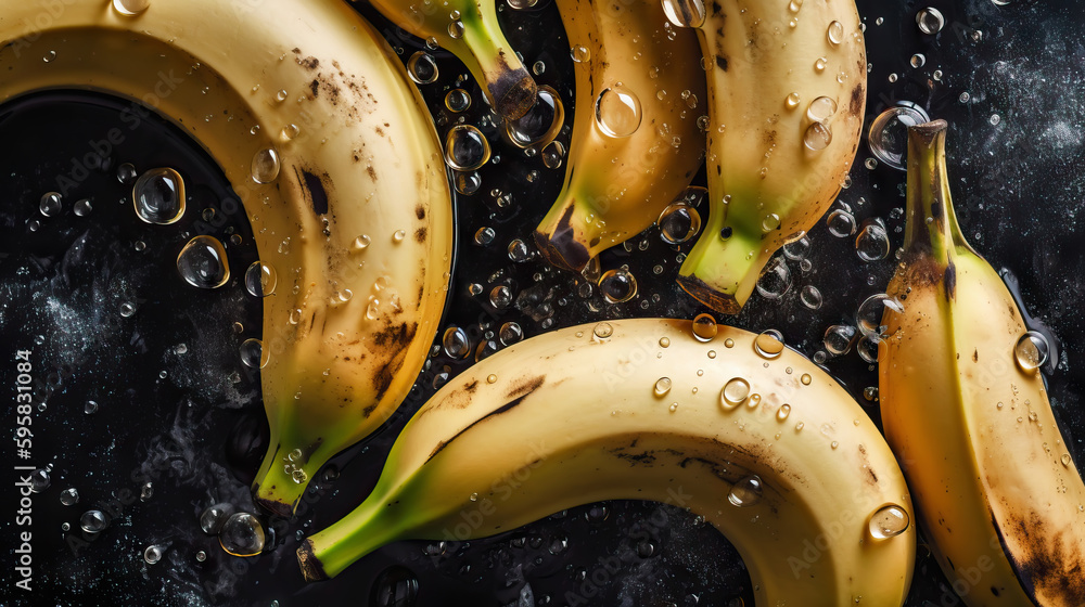 Fresh ripe bananas with water drops background. Fruits backdrop. Generative AI