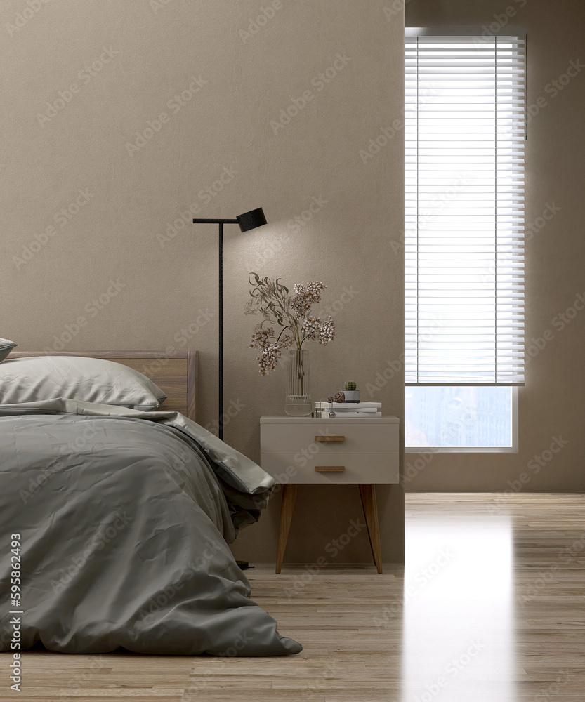 Modern, luxury beige bedroom with wooden bed, gray blanket and pillow, bedside table, black floor la