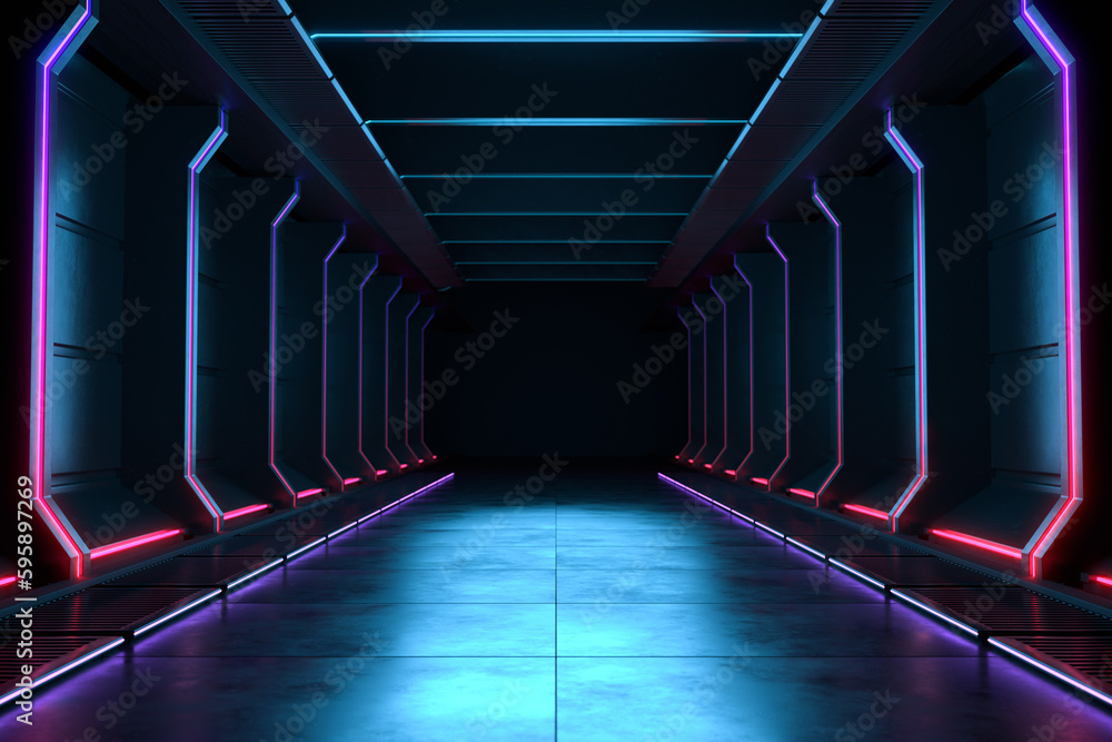 Empty dark room, Modern Futuristic Sci Fi Background.