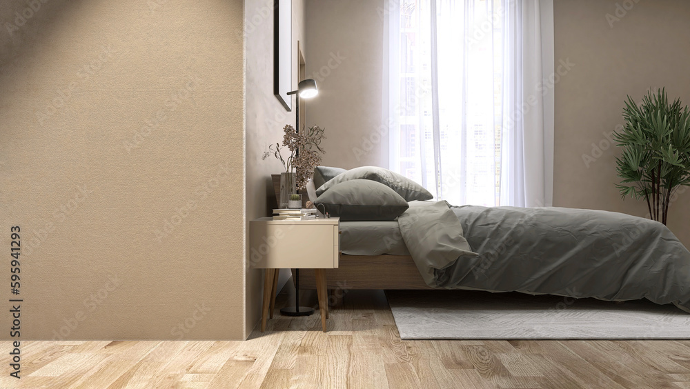 Blank beige brown wall in modern, luxury bedroom in sunlight from window blinds, wooden bed, gray bl