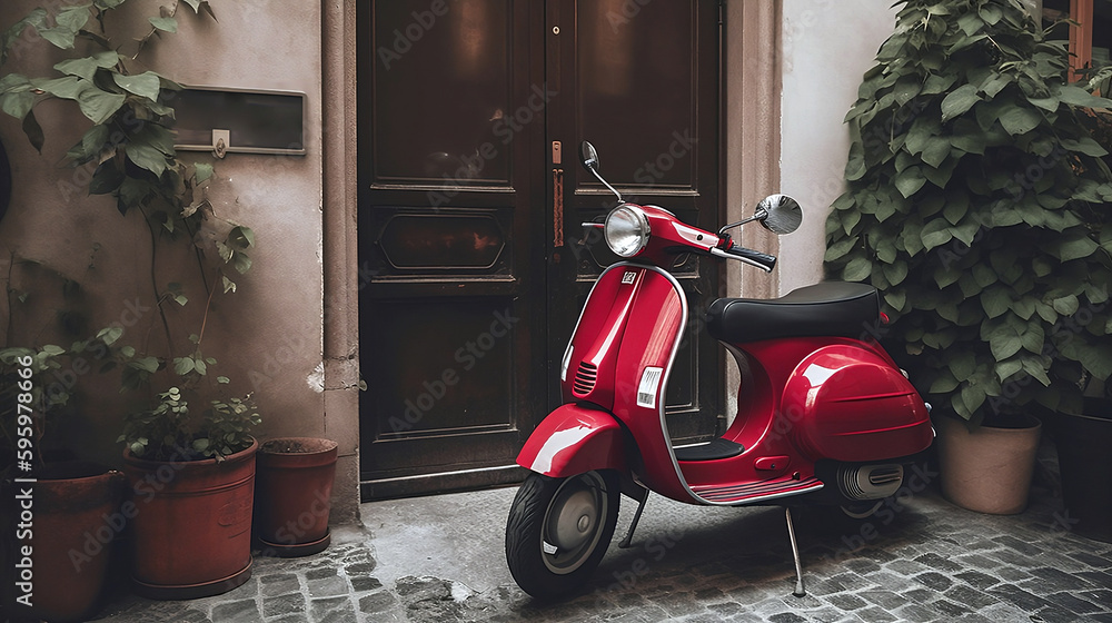 red vespa 50 special parked in an alley in front of a period door and pots with plants. Generative A