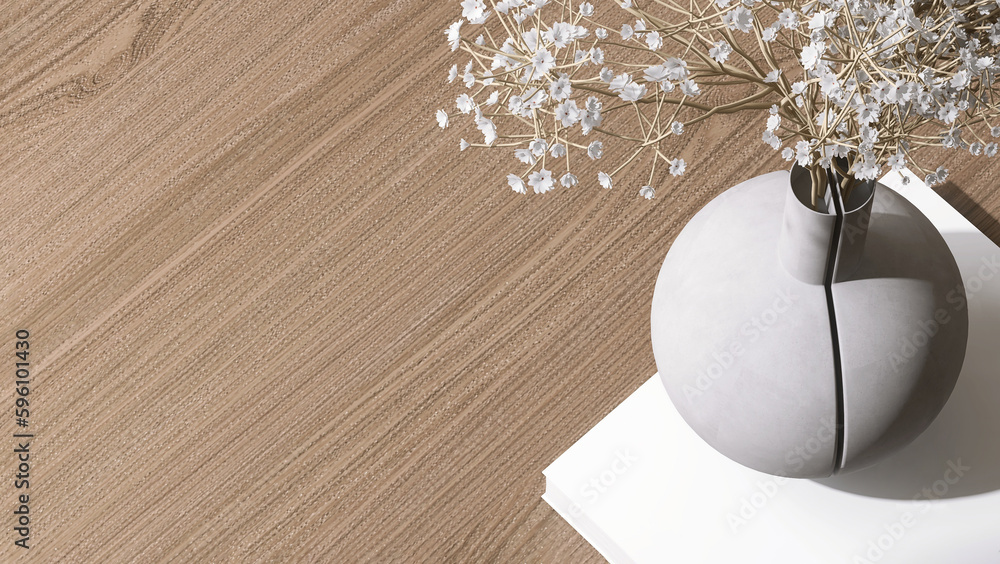 Modern, minimal gray sphere vase, white bouquet flower on book on beautiful brown wood grain table c