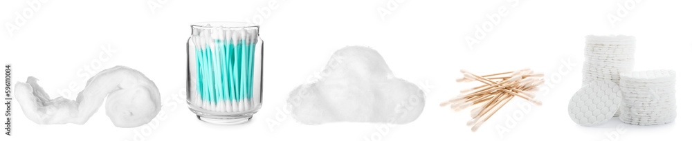 Set of cotton pads with balls on white background