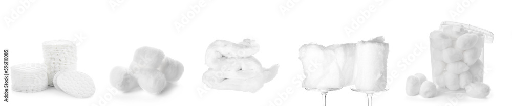 Collage of cotton pads with balls on white background