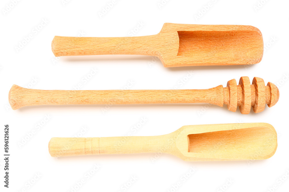 Set of wooden kitchen utensils isolated on white background