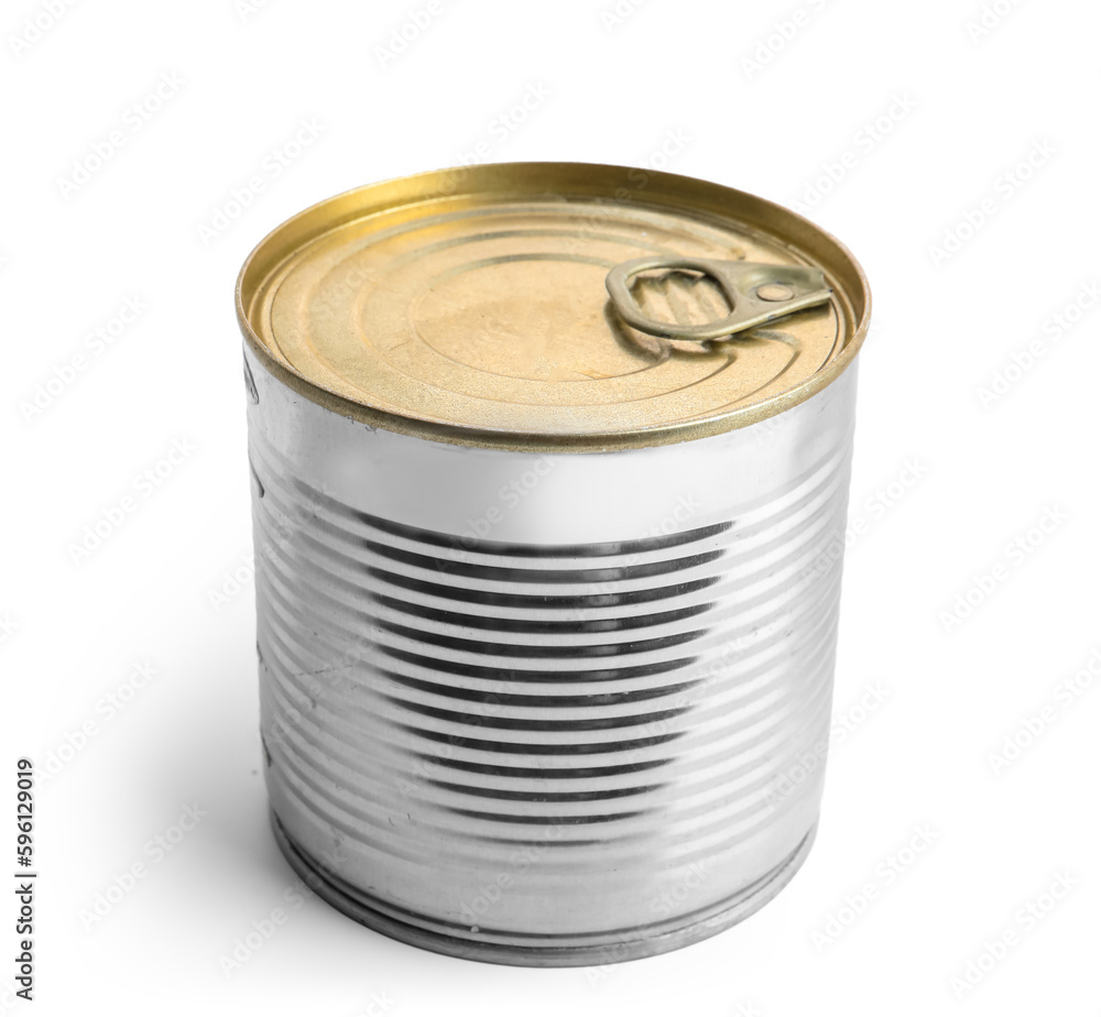 Tin can with fish isolated on white background