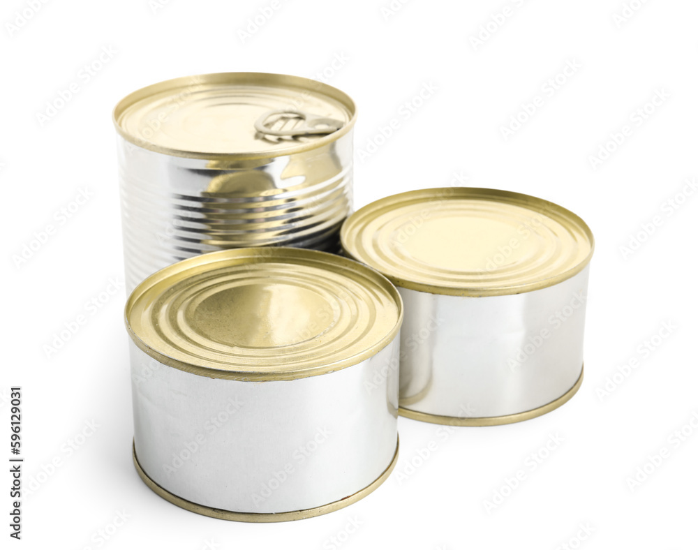 Tin cans with fish isolated on white background