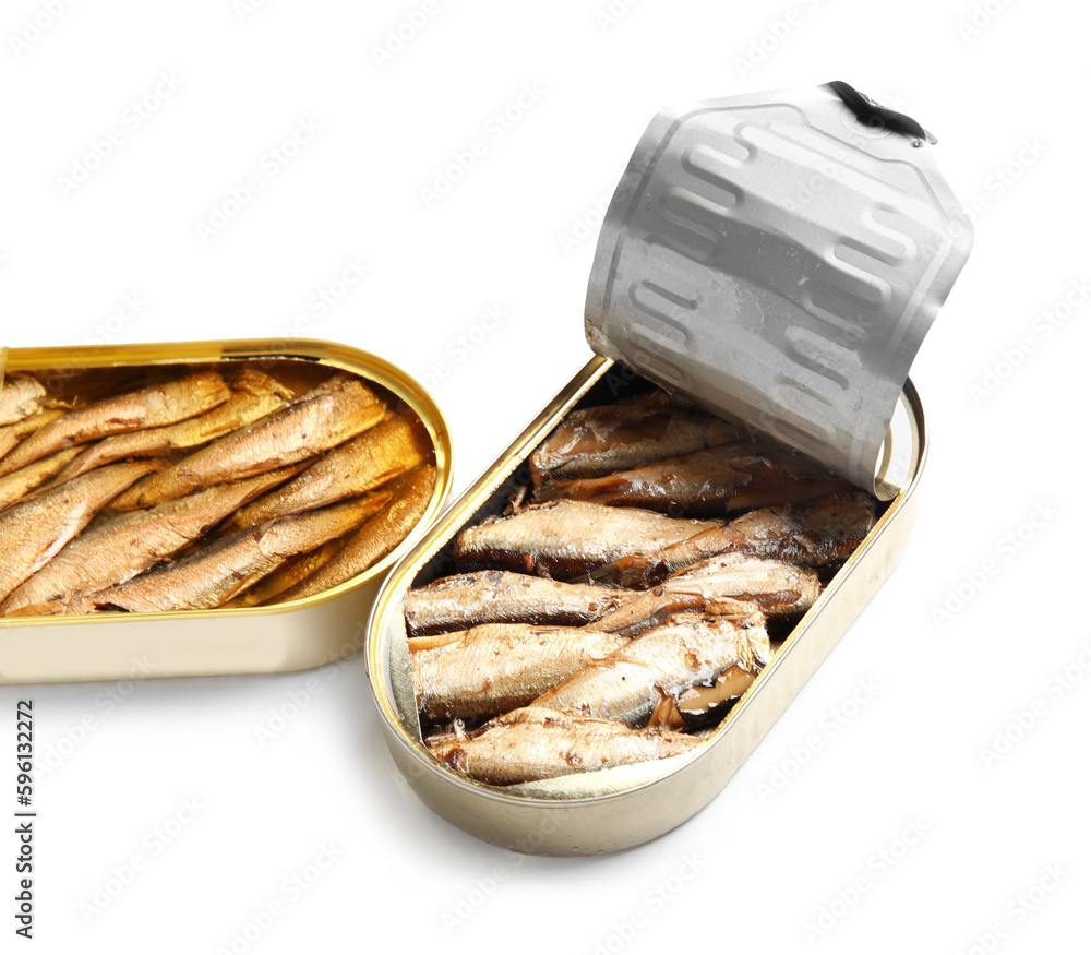 Opened tin cans with sprats in oil isolated on white background