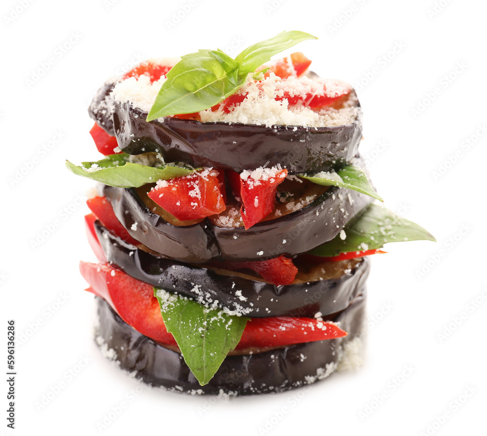 Tasty baked Eggplant Parmesan on white background