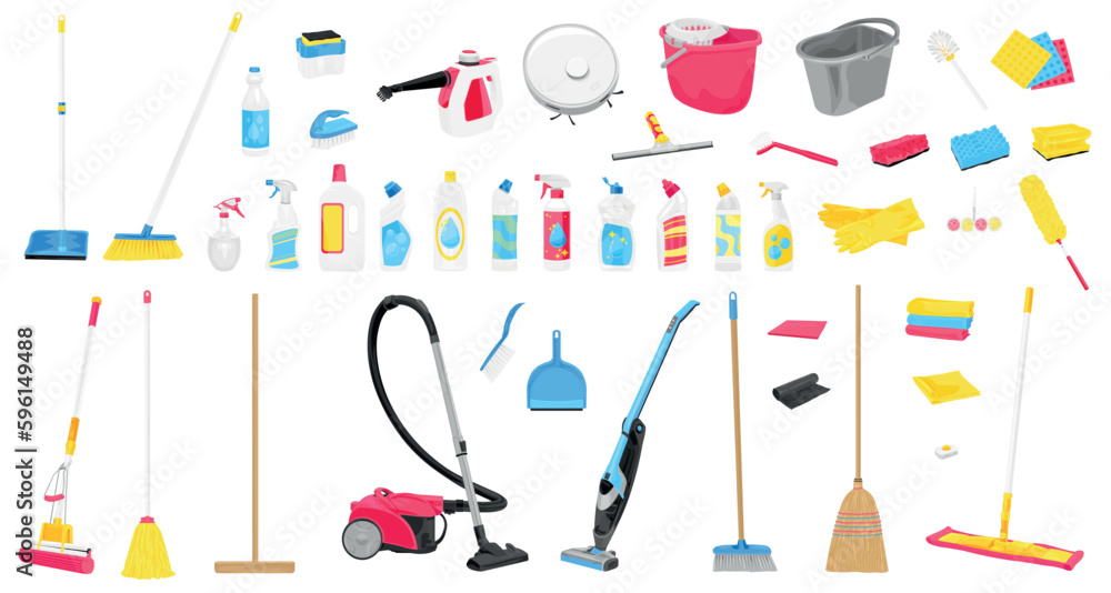 Set of housecleaning supplies on white background