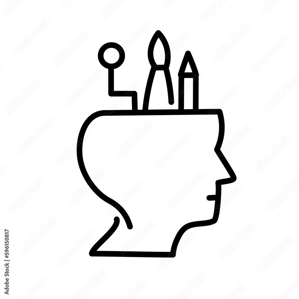 Human head and artists tools on white background