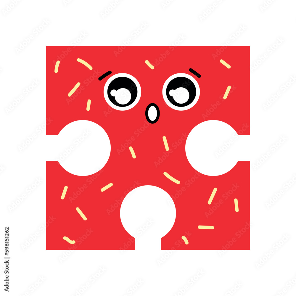 Cute surprised piece of jigsaw puzzle on white background